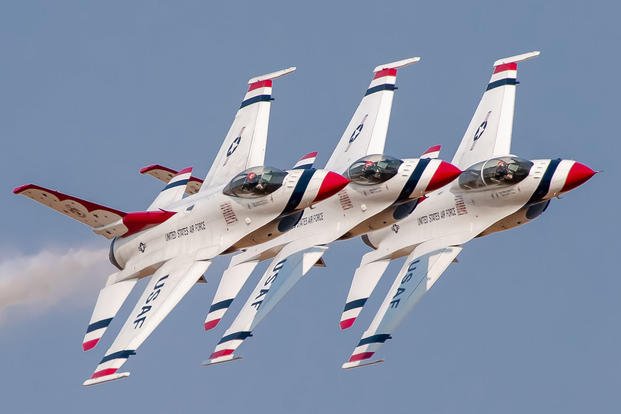 The U.S. Air Force Air Demonstration Squadron ‘Thunderbirds’ perform at the California Capital Air Show in Mather, Calif.