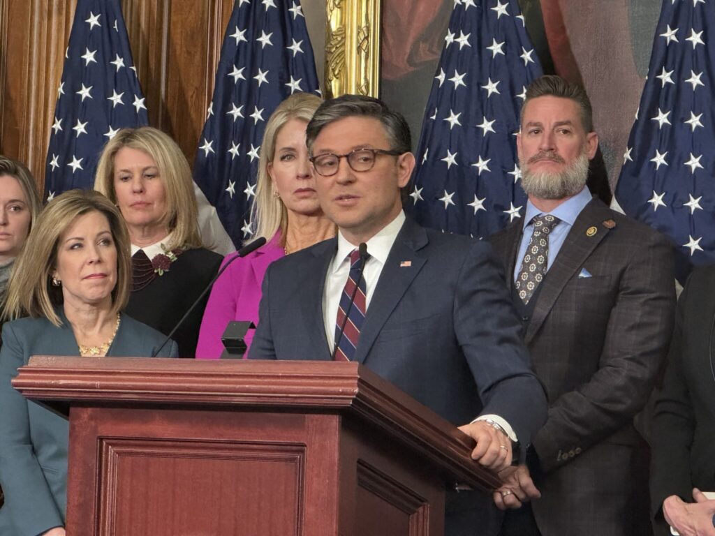 U.S. House Speaker Mike Johnson of Louisiana speaks at a press conference Tuesday, Jan. 14, 2025, after the U.S. House passed a bill that would prohibit transgender students from competing on women