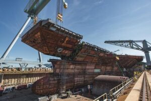 The upper bow unit of the future aircraft carrier USS John F. Kennedy