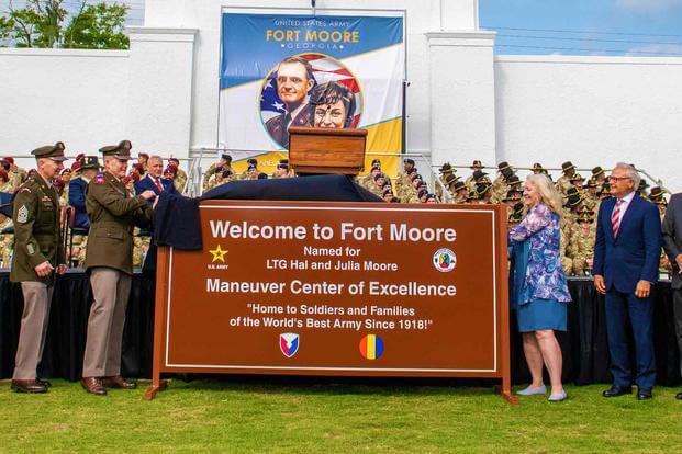 Official Fort Moore sign unveiled at a redesignation ceremony