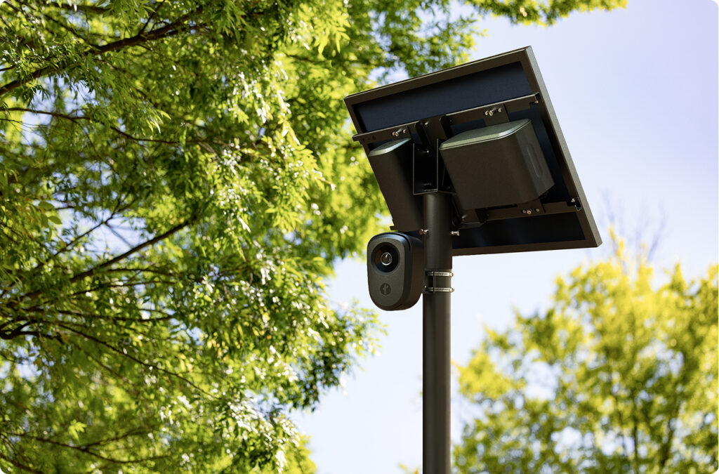 Flock Safety license plate readers are typically mounted on tall poles, with a camera and solar panel on top. The company says its technology is used in more than 6,000 communities across 49 states in partnership with thousands of law enforcement agencies nationwide. (Photo courtesy of Flock Safety)